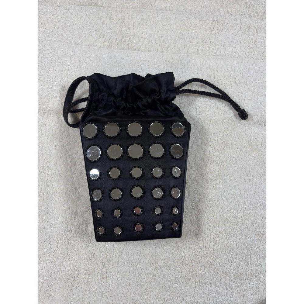 Vintage Sasha Black Satin Mirror Beaded Drawstring Bucket Y2K Evening Bag Purse